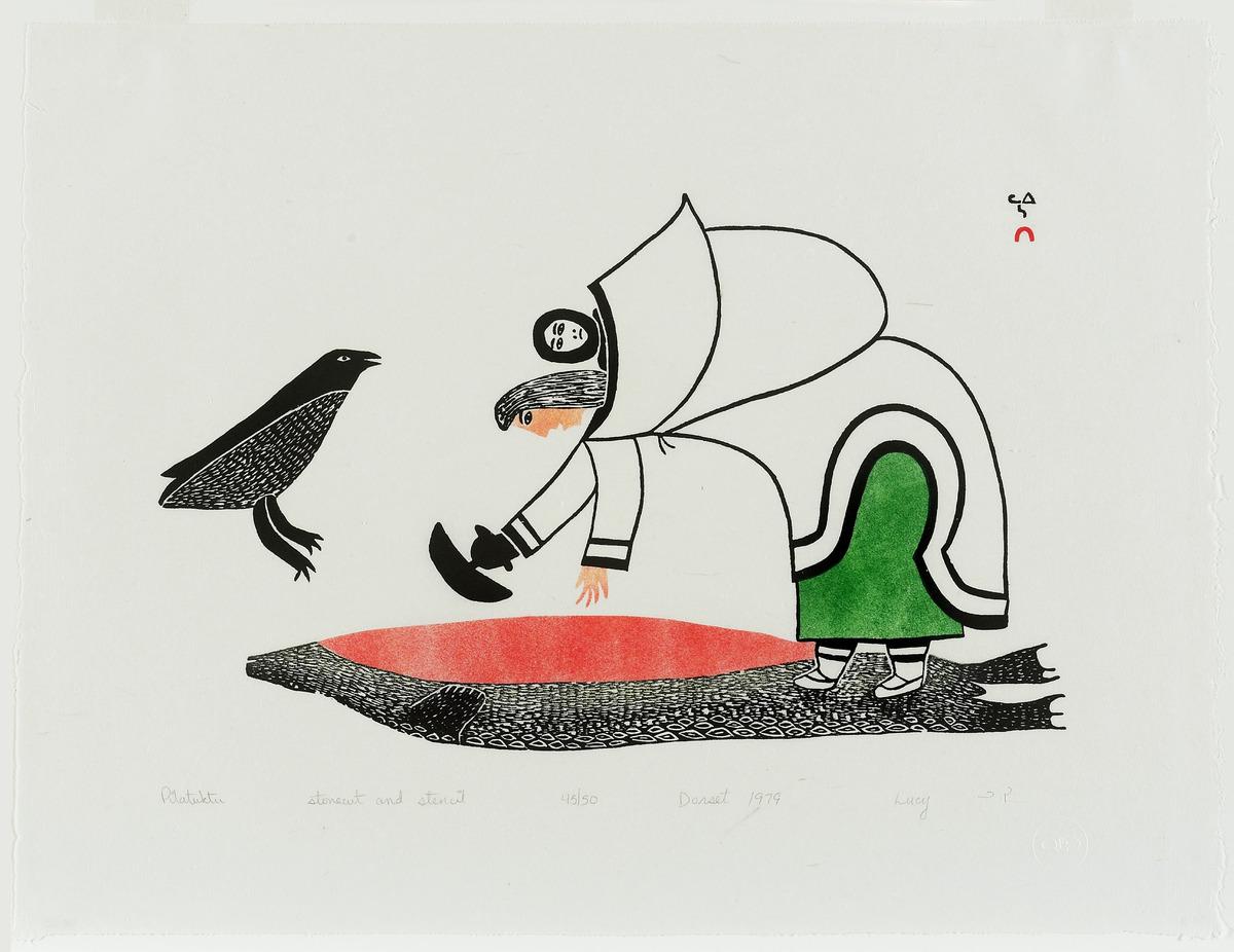 stonecut and stencil with an illustration of a woman skinning a seal