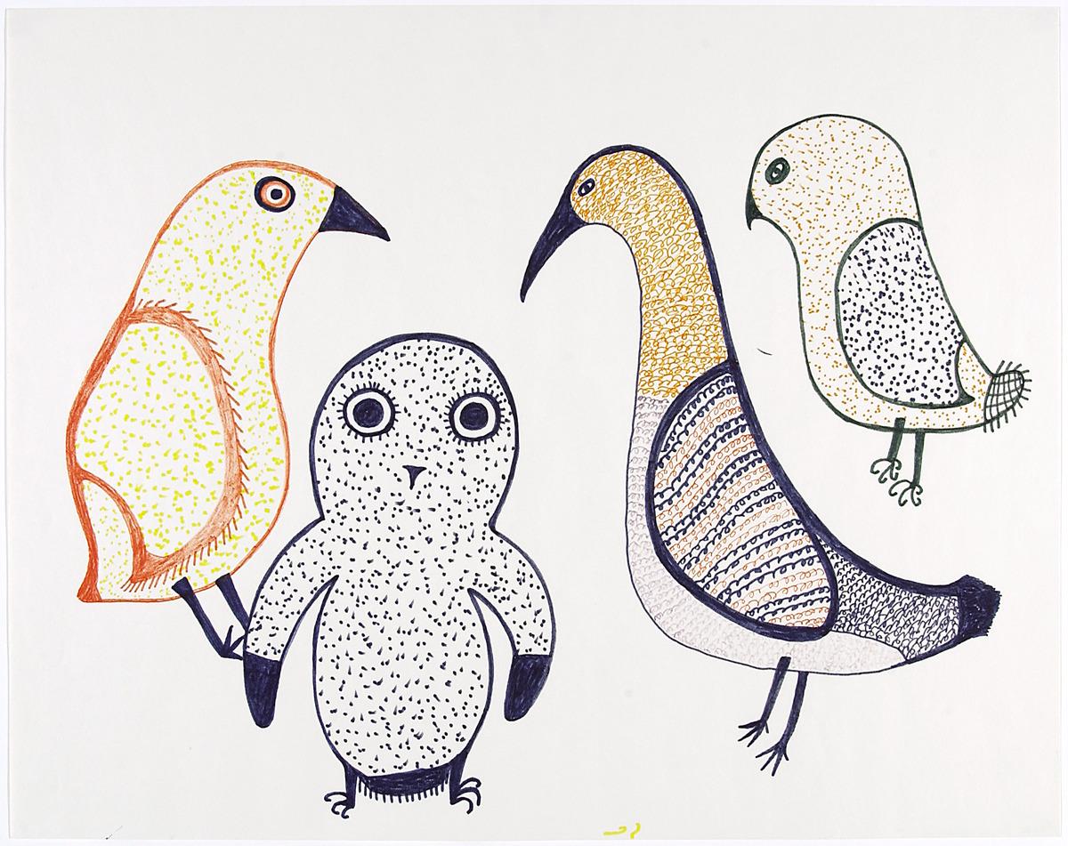 a colourful illustration of four birds on paper
