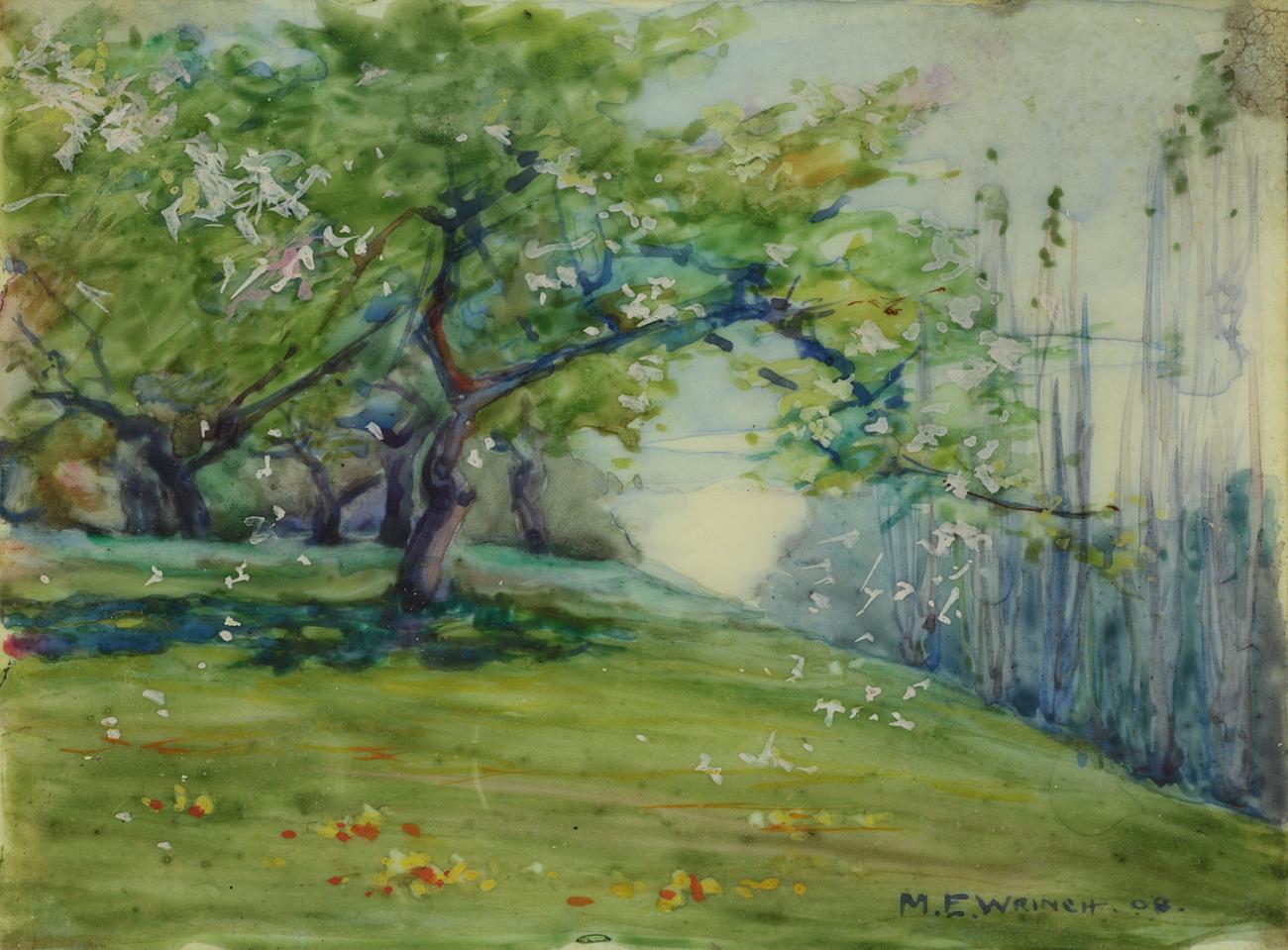 An image of Mary Wrinch's watercolour painting Spring Landscape. It features a large tree on a small hill that is blooming flowers