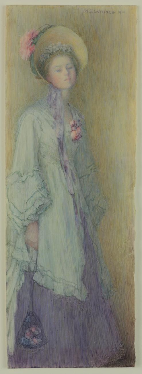 An image of Mary Wrinch's watercolour painting Young Woman with Bonnet (Miss Alice Carter?). It features a young woman dressed in a green and blue dress with a straw colour bonnet