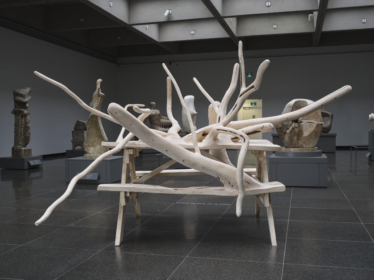 An image of Hugh Hayden's sculpture Can't we all just get along in the Henry Moore Centre at the AGO