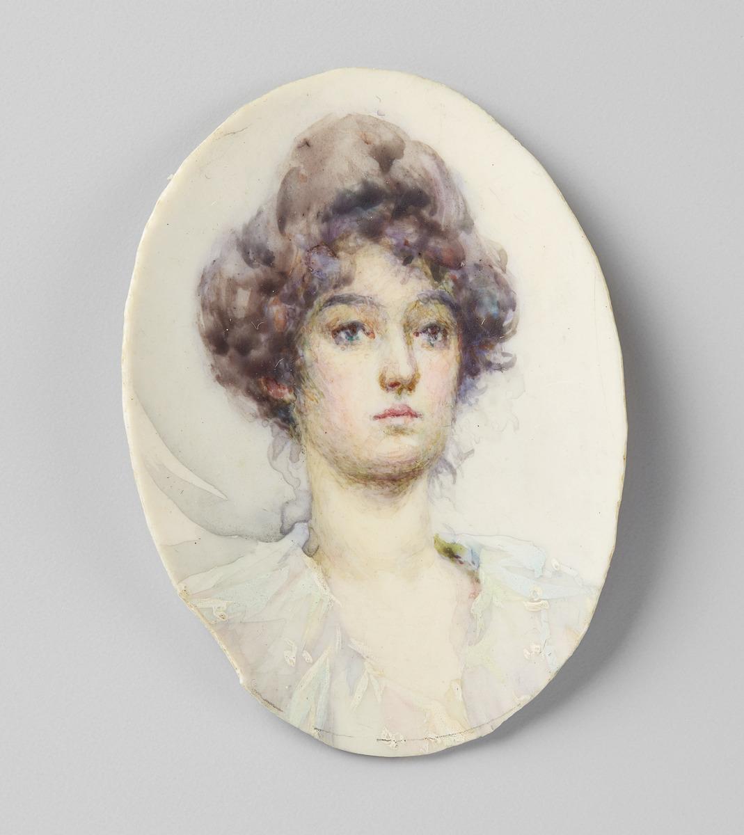 This miniature watercolour portrait on ivory by Mary Wrinch features a women sitter from the shoulders upward. She is wearing a white frilly colour and her brown hair is in an updo