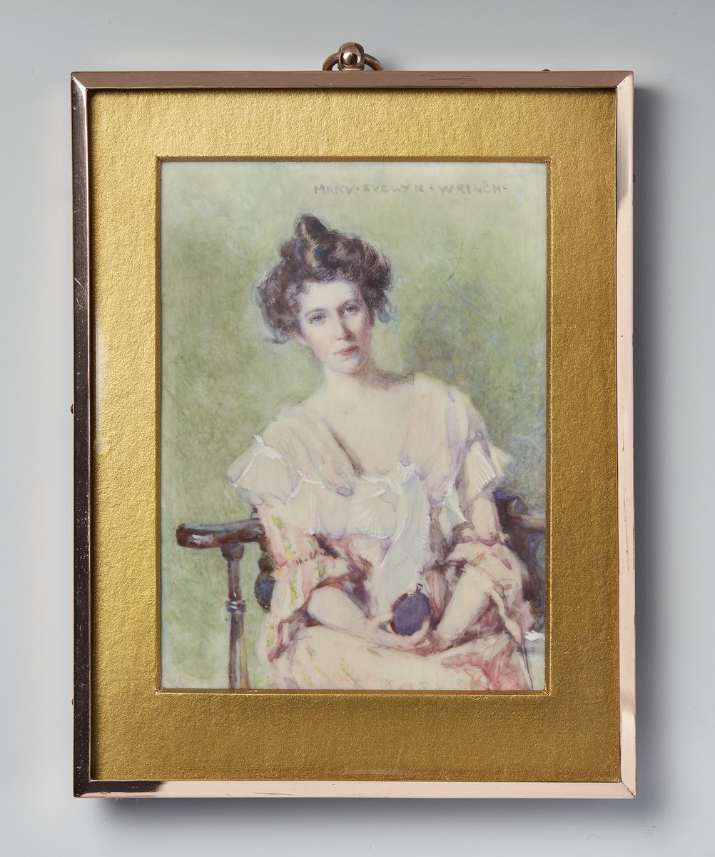 An image of Mary Wrinch's untitled miniature watercolour portrait of a woman sitter. She is wearing a pink dress and her brown hair is in a bun