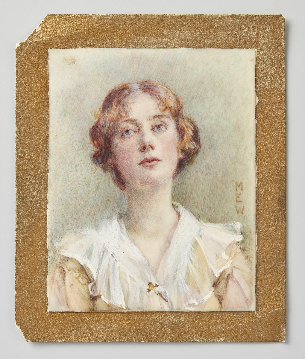 This miniature watercolour portrait on ivory by Mary Wrinch features a women sitter from the chest upwards. She is wearing a yellow dress and has short red hair