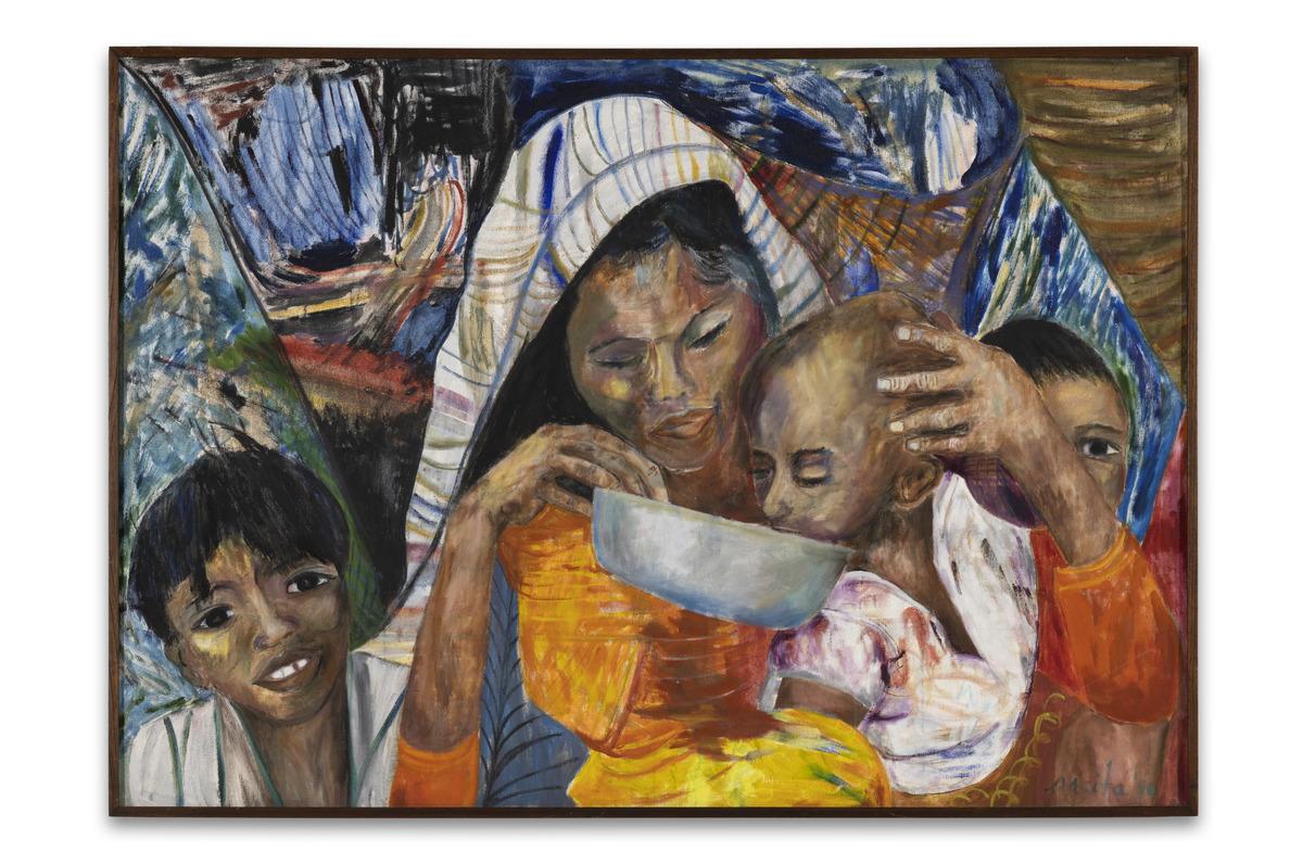 An image of Pacita Abad's painting Water of Life. It features a woman giving water to her child in a refugee camp at the Thai/Cambodian border