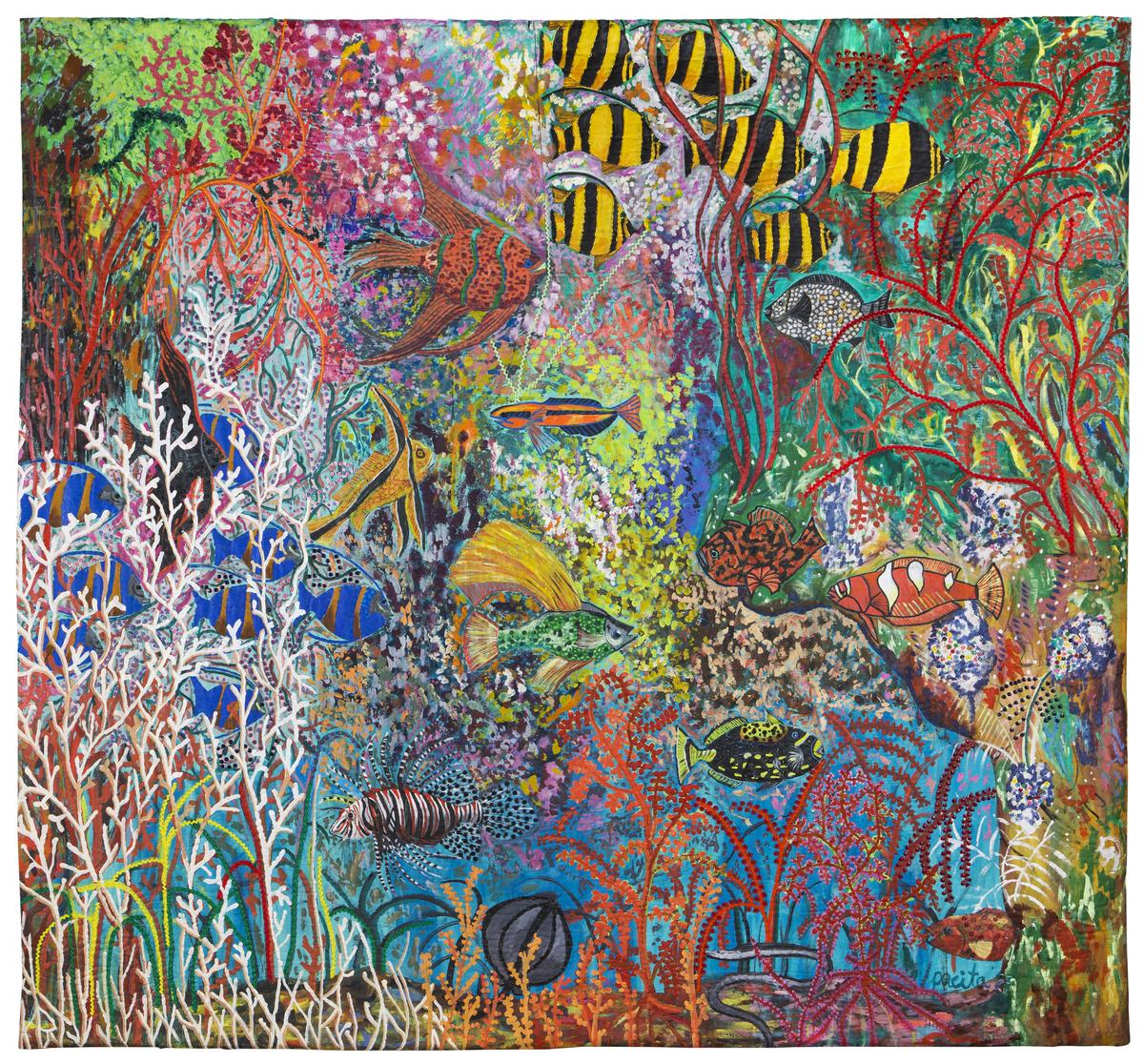 An image of Pacita Abad's trapunto Anilao at its Best. It depicts a colourful reef underwater, full of coral and fish
