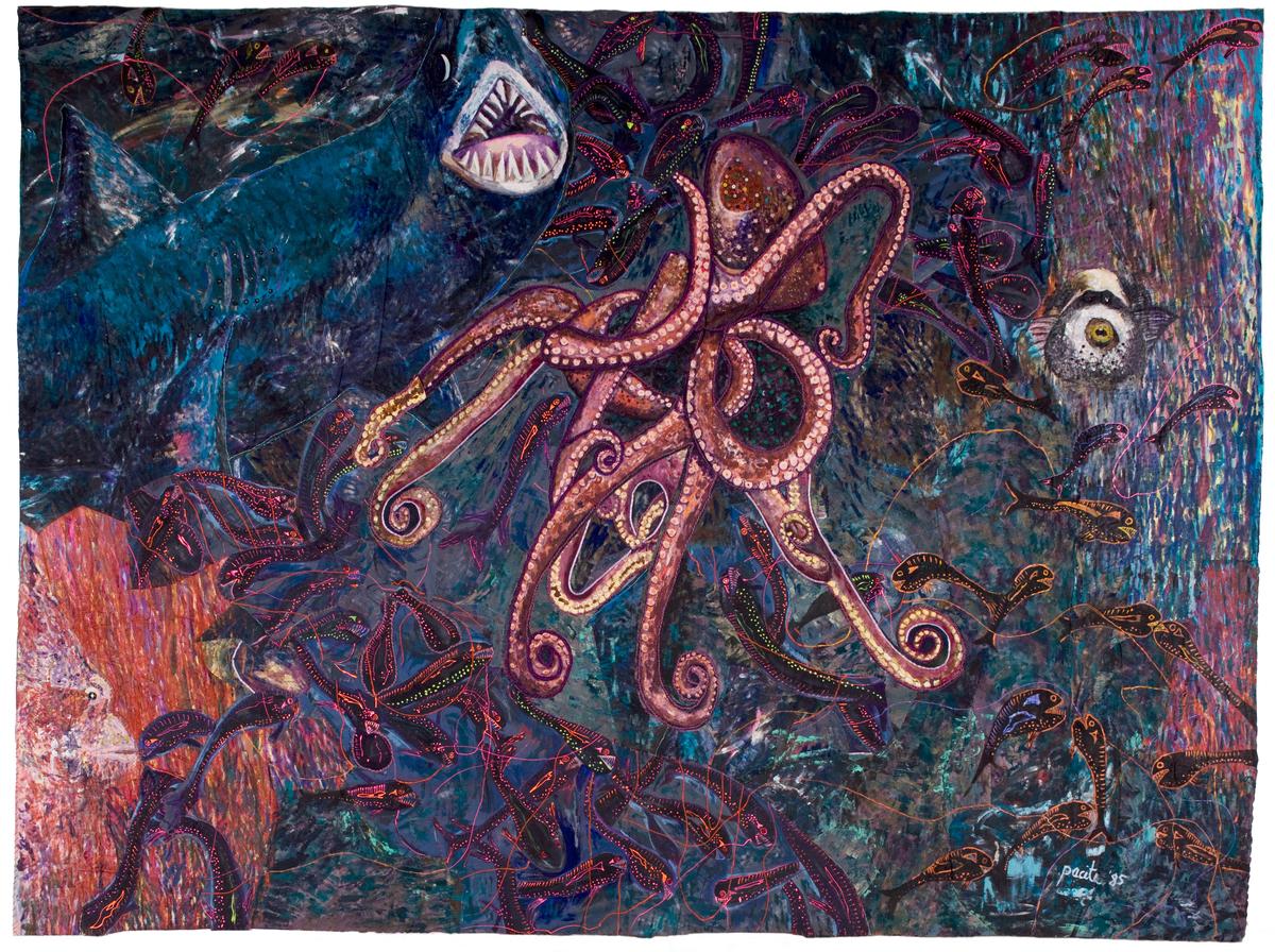 An image of Pacita Abad's trapunto My Fear of Night Diving. It depicts the night at see, with a shark bearing it's teeth and a large octopus in the centre.