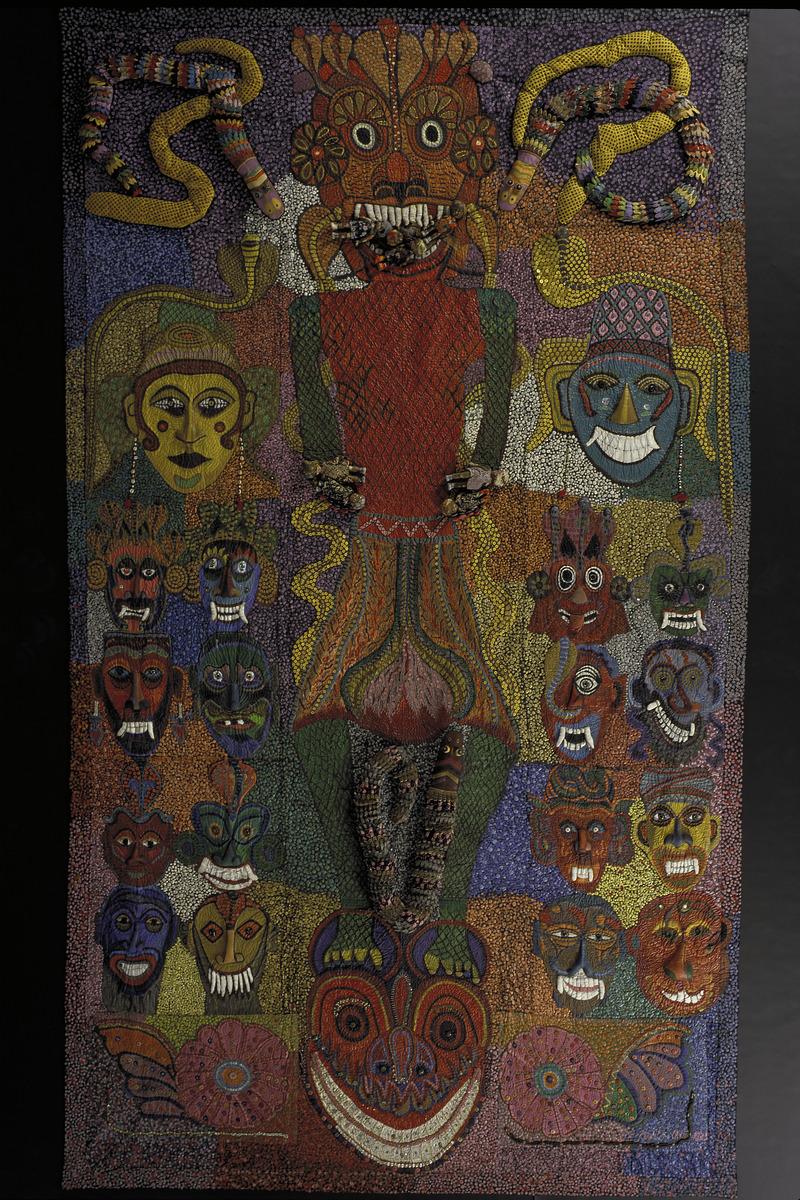 An image of Pacita Abad's trapunto Marcos and His Cronies. It depicts the Philippine Dictator Ferdinand Marcos and his fellow corrupt individuals of power as demons, inspired by Sri Lankan exorcism masks