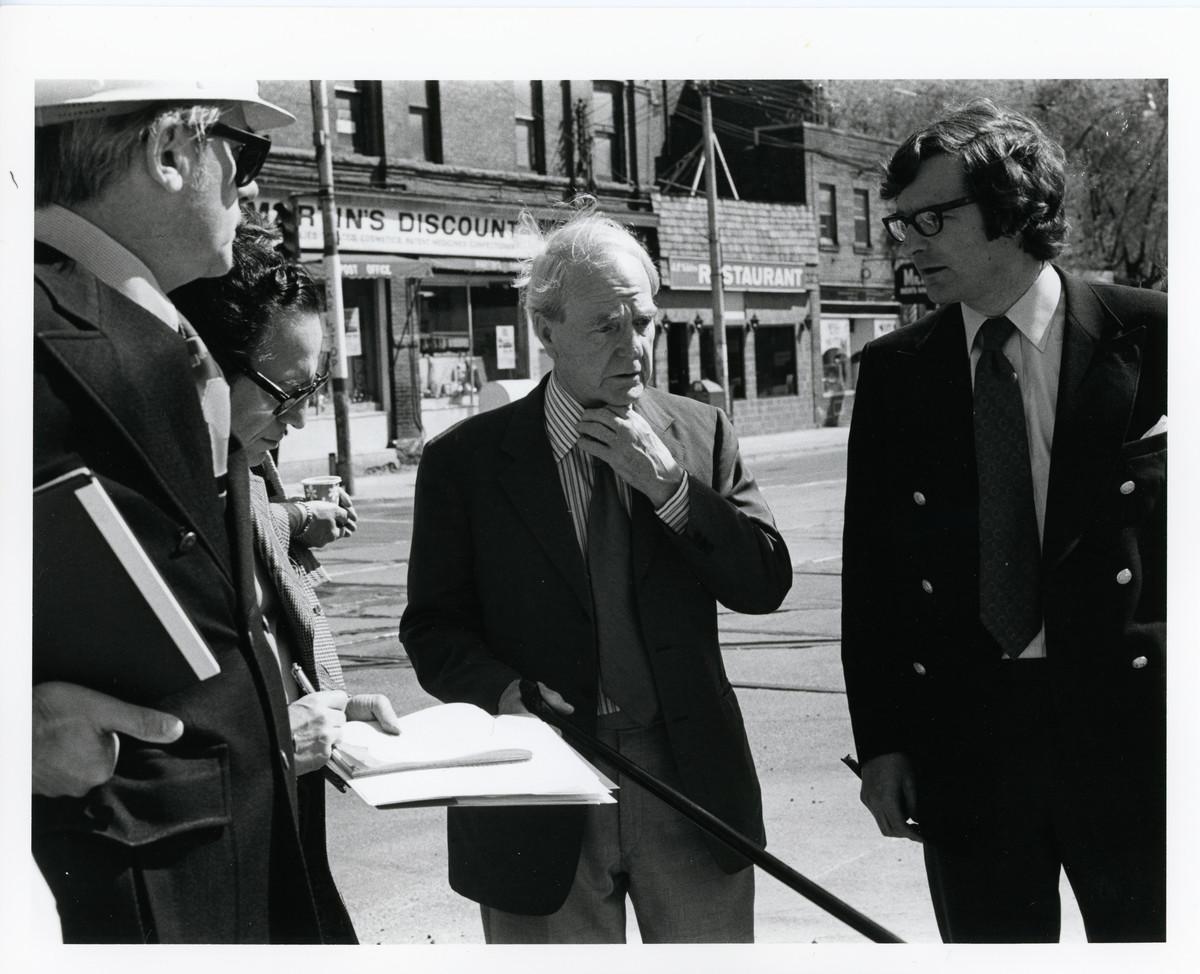 Henry Moore outside the Henry Moore Sculpture Centre with Alan Wilkinson and Bill Withrow, c.1974.
