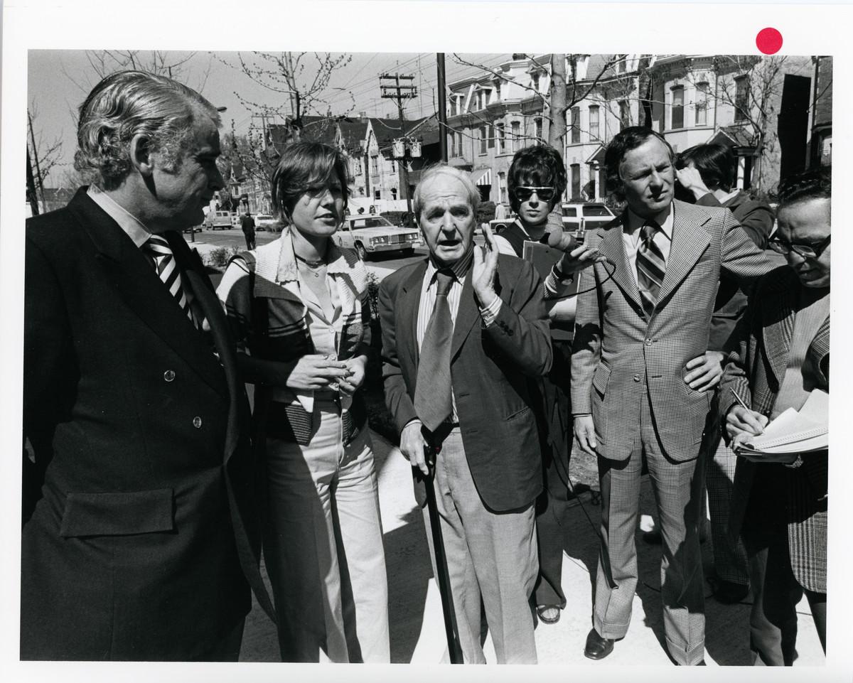 Henry Moore outside the Henry Moore Sculpture Centre with Mary Moore and Bill Withrow, c.1974.