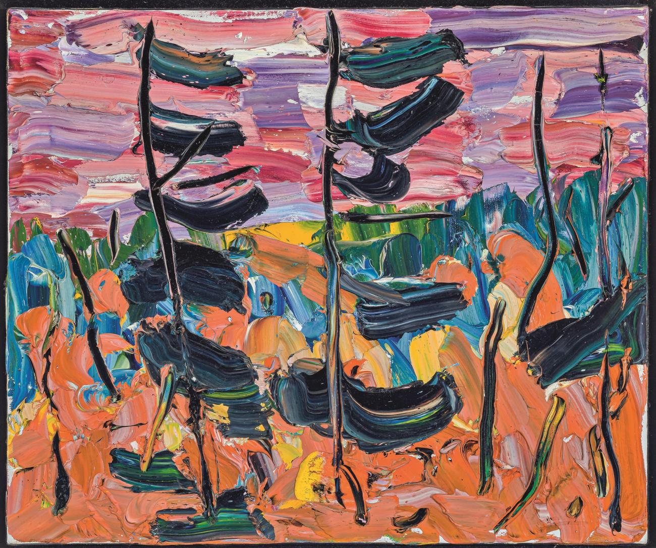 pink and orange landscape with trees