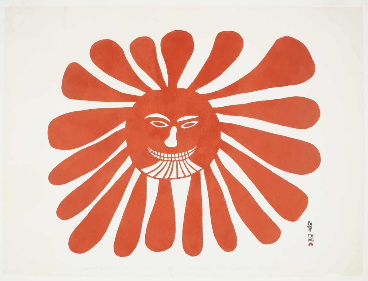 An image of Kenojuak Ashevak's print The Woman Who Live in the Sun. It features a red sun with wide, lobular arms and a face