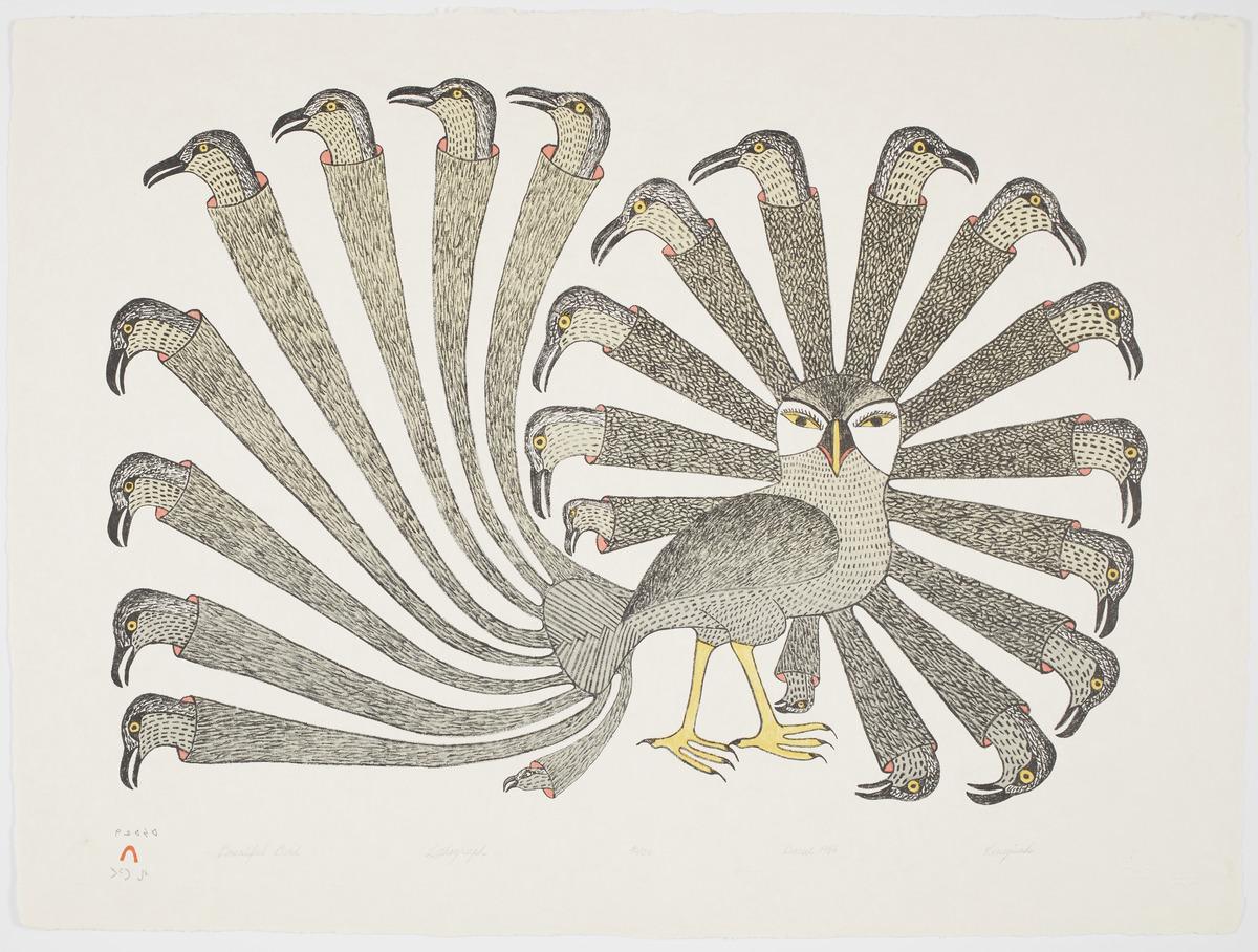 An image of Kenojuak Ashevak's print The Bountiful Owl. It features a brown owl with elongated feathers on its head and tail. The owl gives birth to a young seagull at the end of each feather.