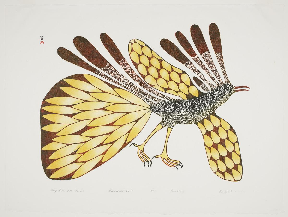 An image of Kenojuak Ashevak's print Large Bird from the Sun. It features a bird with elongated brown feathers on its head and back, and bright yellow feathers on it's wing and tail plumage.