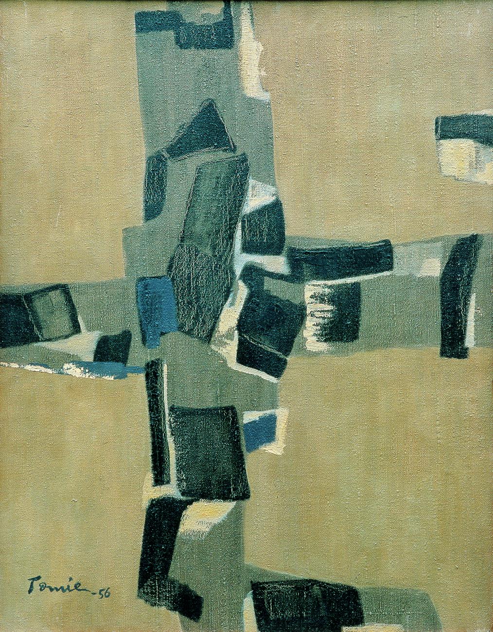 Grey scale abstract painting with squares overlapping eachother