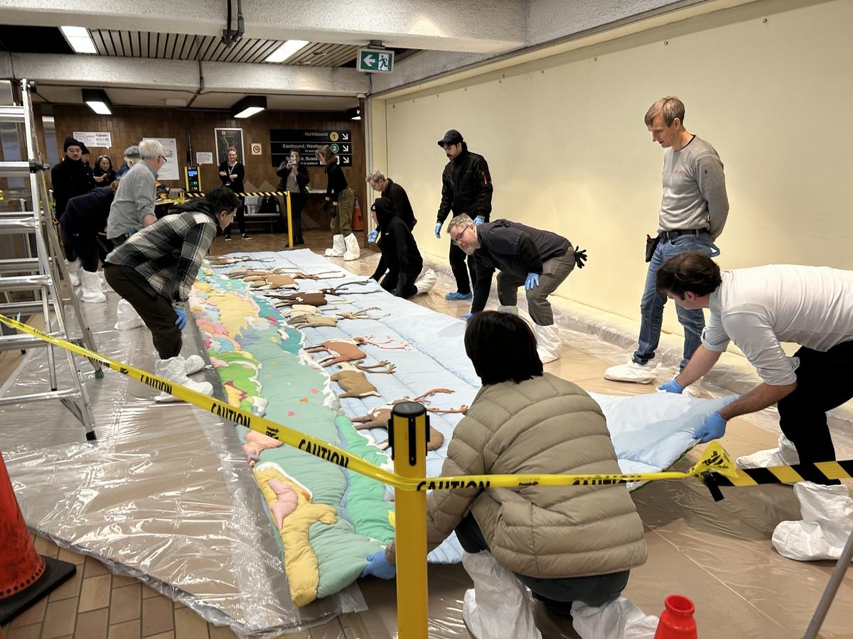 Deinstallation of Joyce Wieland, Barren Ground Caribou, 1977-1978, at Spadina Subway Station,