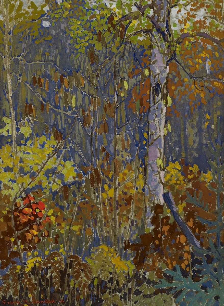 Franz Johnston's painting Woodland Tapestry. It depicts a lush forest scene with some leaves turning orange.