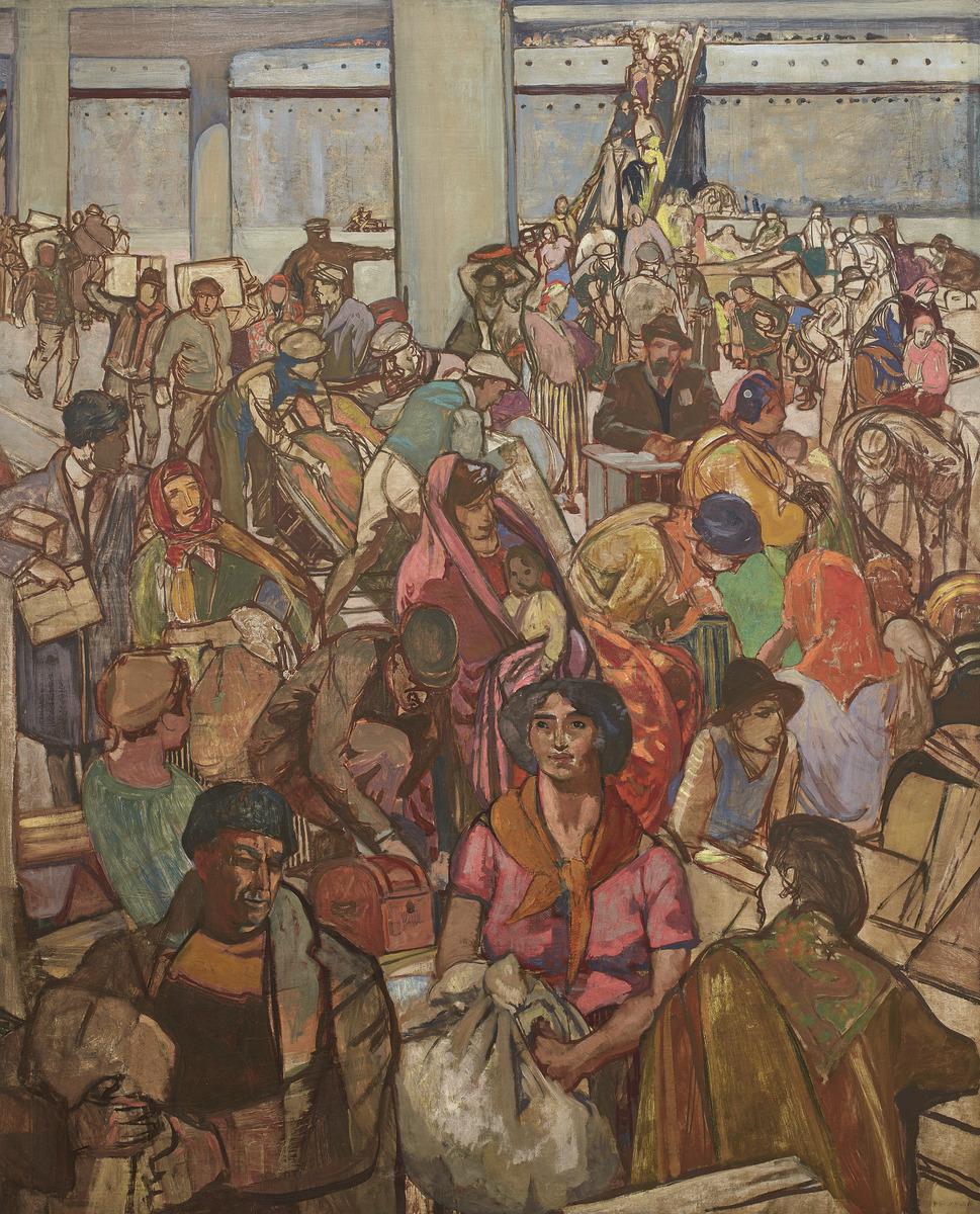 Frederick Horsman Varley's painting Immigrants (1922), which depicts a group of immigrants arriving to Canada