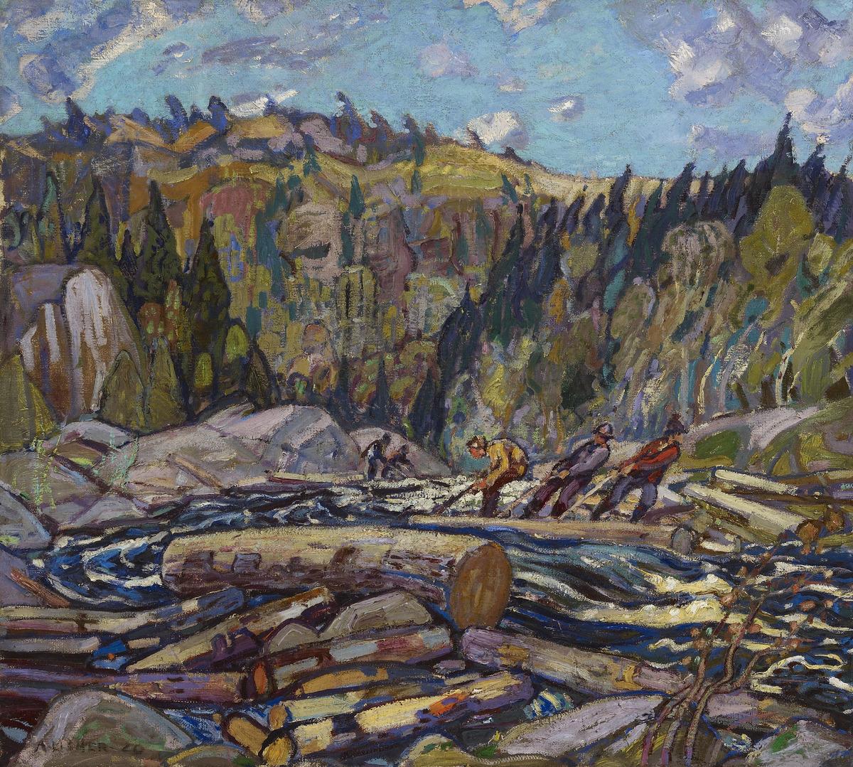 Arthur Lismer's painting Logging in Nova Scotia (1920), which depicts loggers working at a river in the forest.