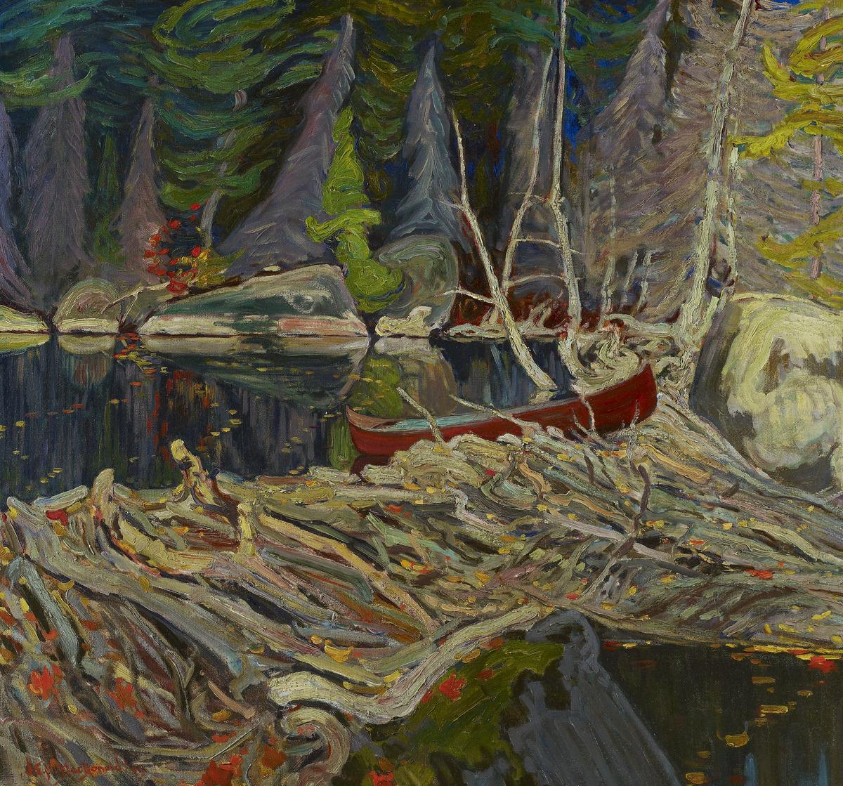 An image of J.E.H MacDonald's painting the Beaver Dam, which features a red canoe resting beside a beaver dam