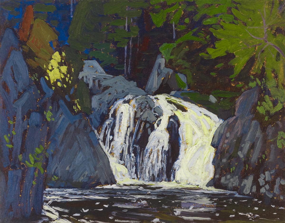 Lawren Harris' painting Waterfall, Algoma Canyon, which depicts a small waterfall in Algoma