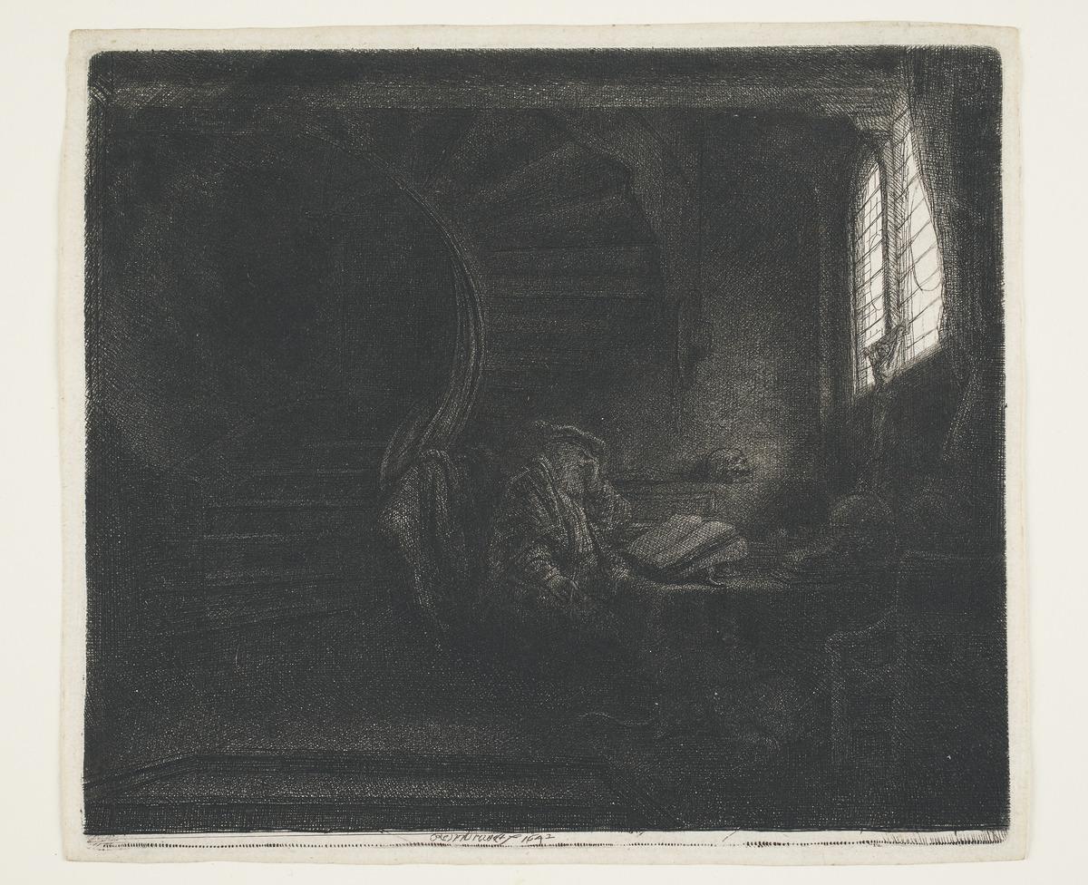 an etching of an old man in a shadowed room