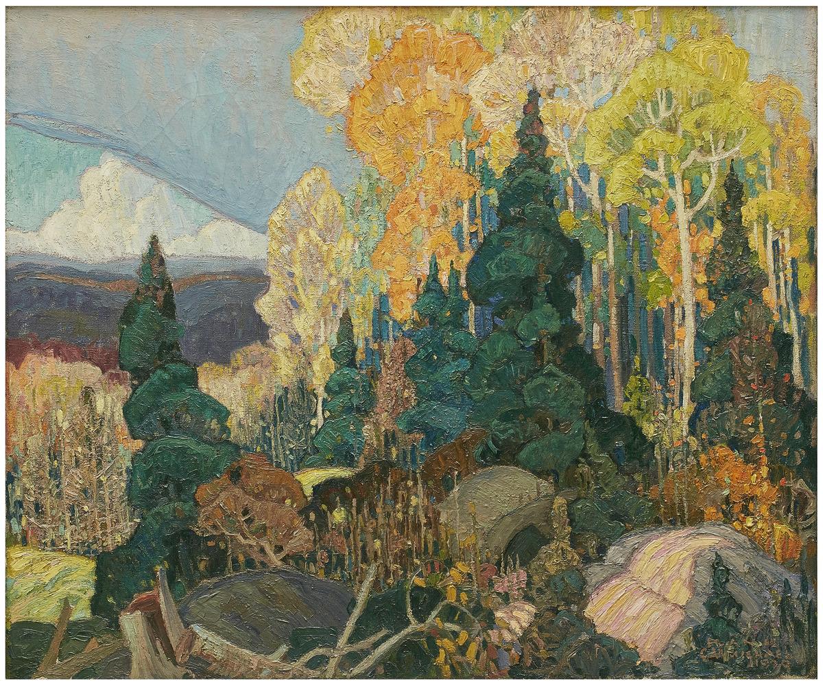 A photo of Franklin Carmichael's painting Autumn Hillside. It depicts trees in a forest