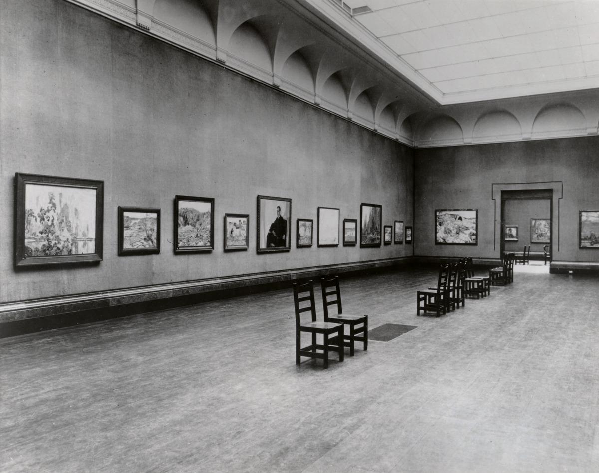 A photo of the first Group of Seven exhibition at the Art Gallery of Toronto (now the Art Gallery of Ontario) in 1920