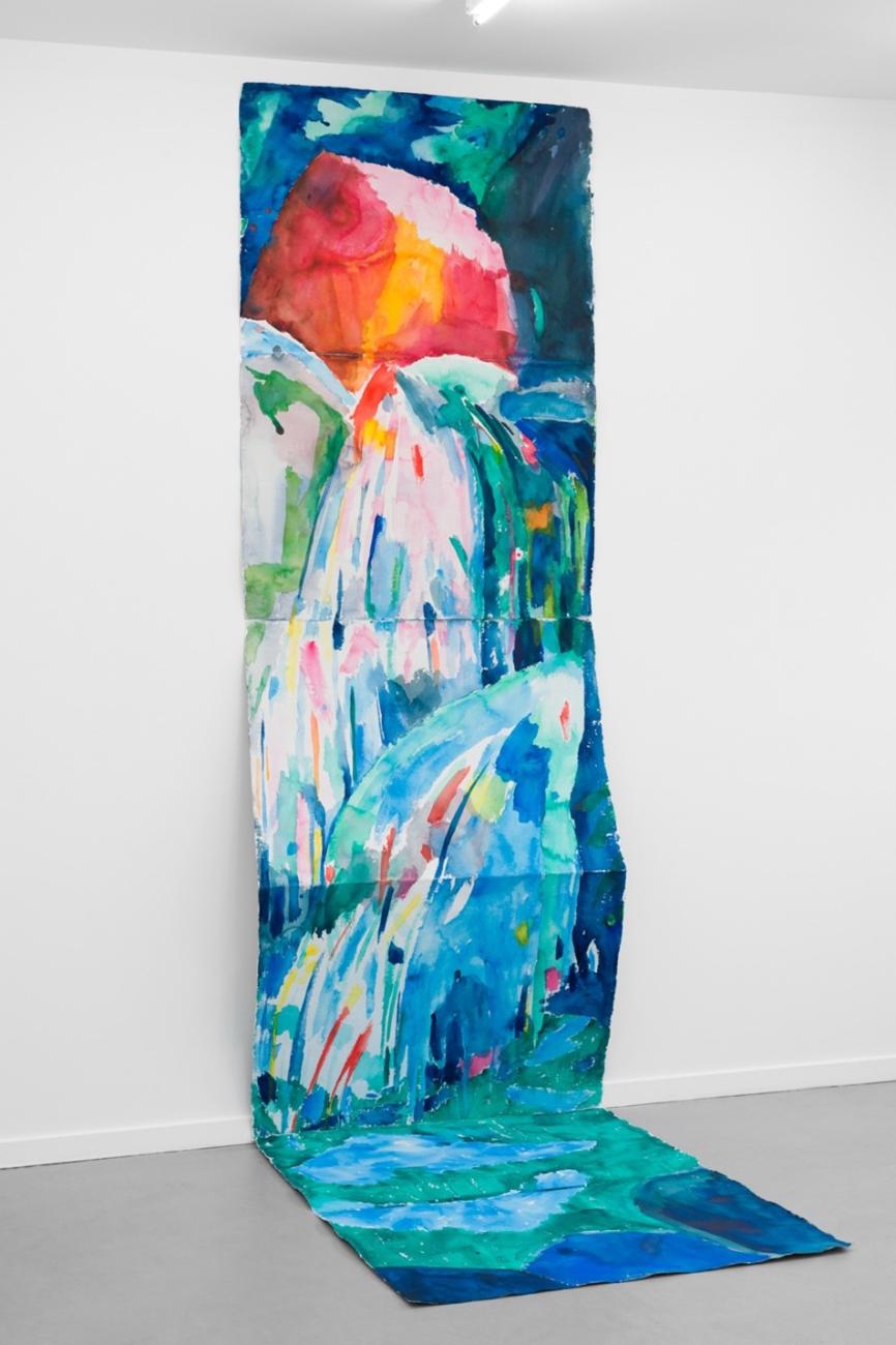 An image of Maru Aponte's work Twin Waterfalls. It is a vertical watercolour painting hanging off the wall that depicts two waterfalls.