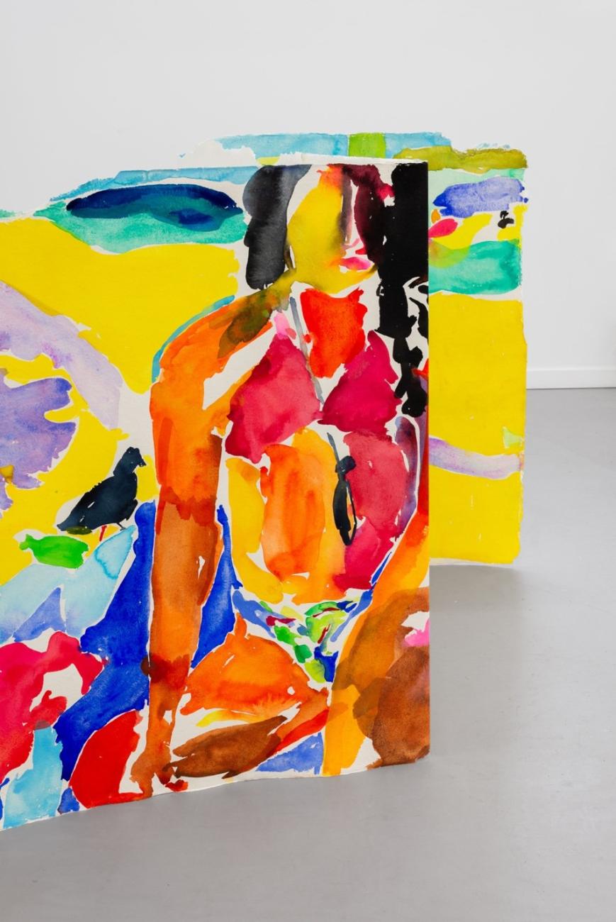 An detail photograph of Maru Aponte's work Veronica, which focuses on a woman in a bikini on a beach