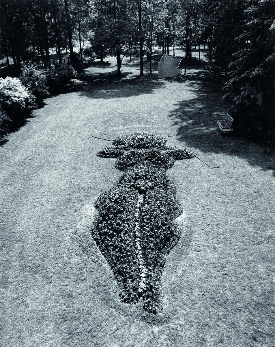 A black and white photograph of Venus of Scarborough by Joyce Wieland. It shows a planted garden in the shape of the goddess Venus