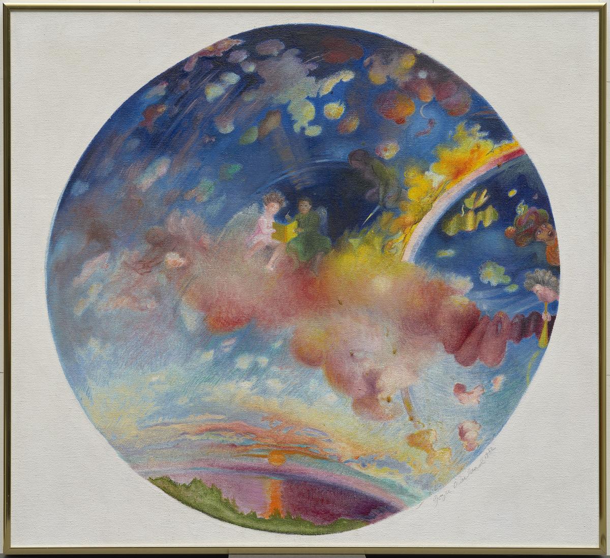 An image of Wieland's painting The Discussion of Flaubert's Egyptian Journals. It features two figures reading a book on clouds