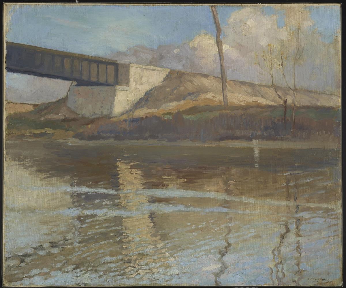 An image of L.L. FitzGerald's painting Reflections, which features a bridge over a river