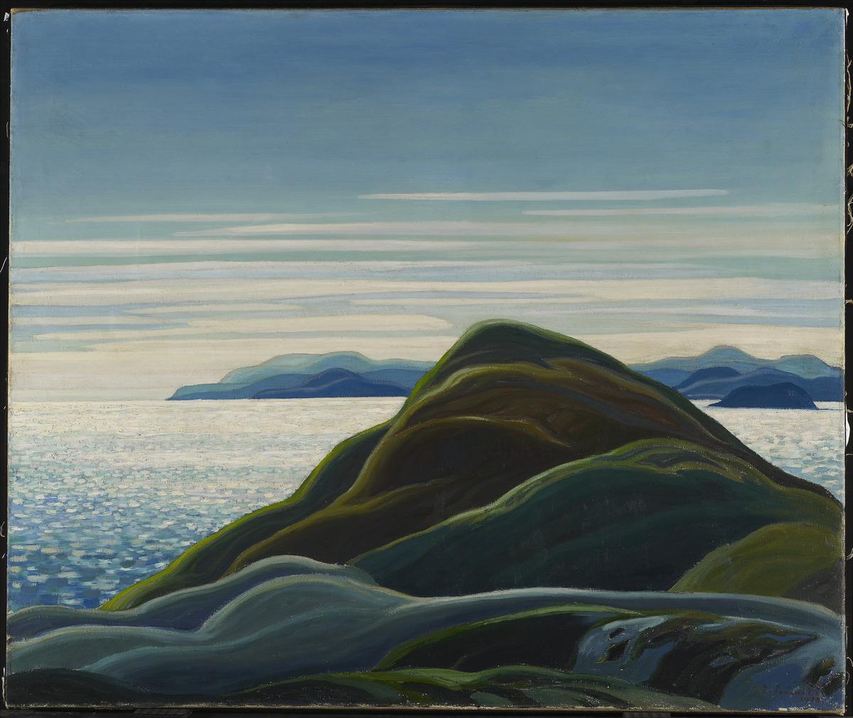 An image of Franklin Carmichael's painting North Shore, Lake Superior, which depicts a view of Lake Superior with mountains in the foreground
