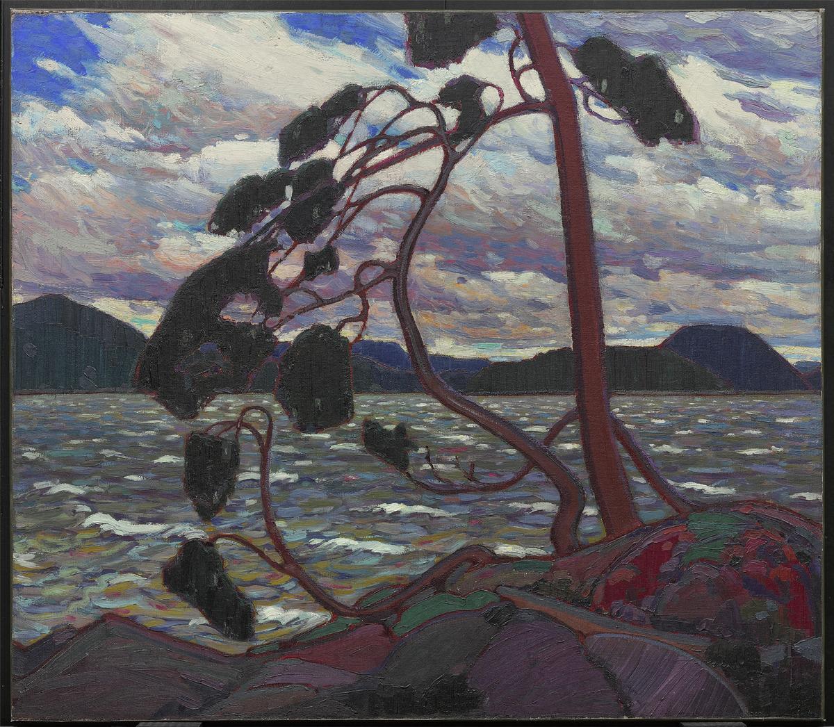 An image of Tom Thomson's The West Wind, which features a solitary tree on a lakeshore