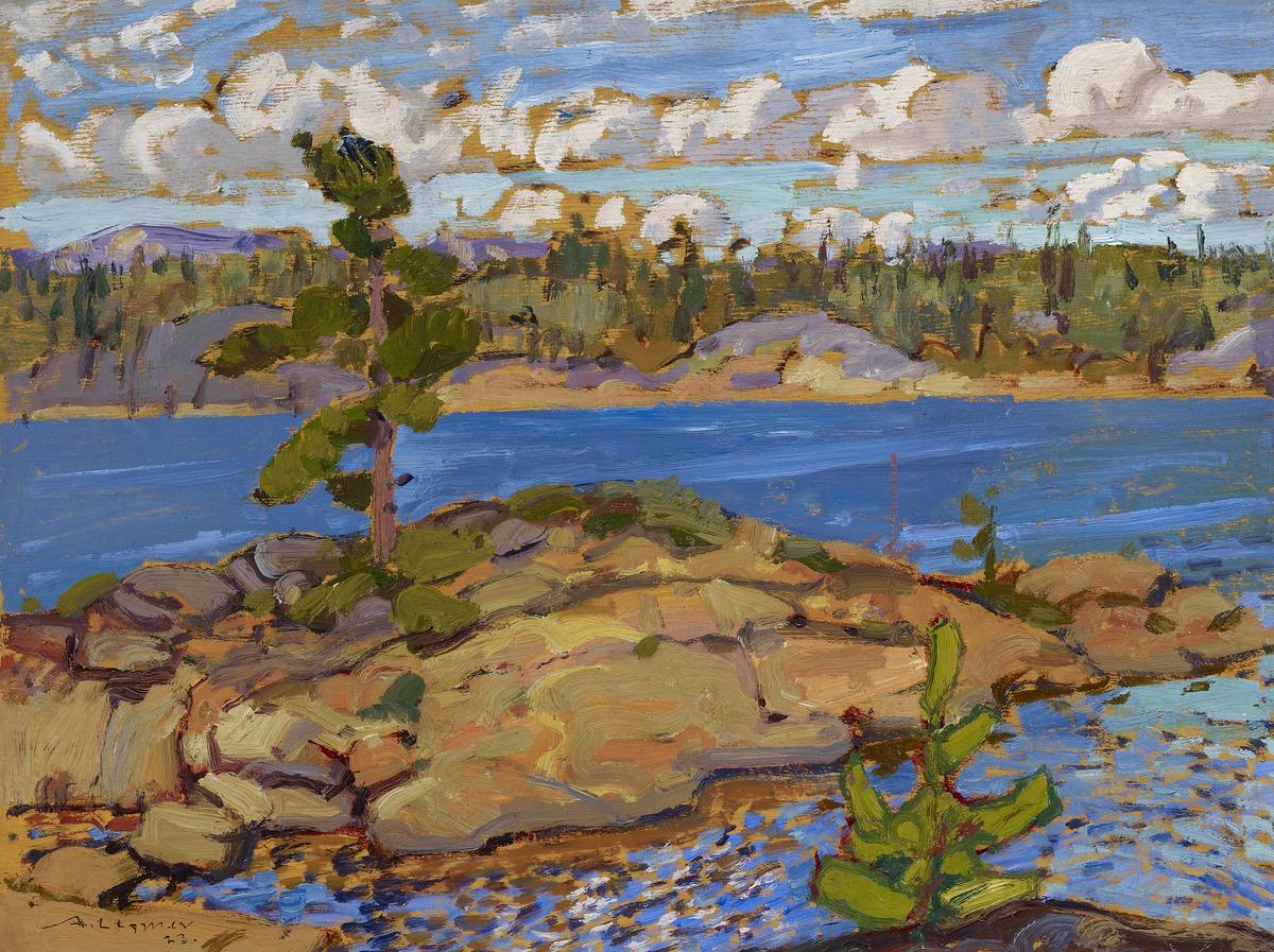 An image of Arthur Lismer's MacGregor Bay, which depicts the bay on  a sunny day.
