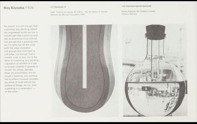 Excerpt from Art &amp; Engineering exhibition catalogue featuring black and white image of a test tube and work by Ray Kiyooka