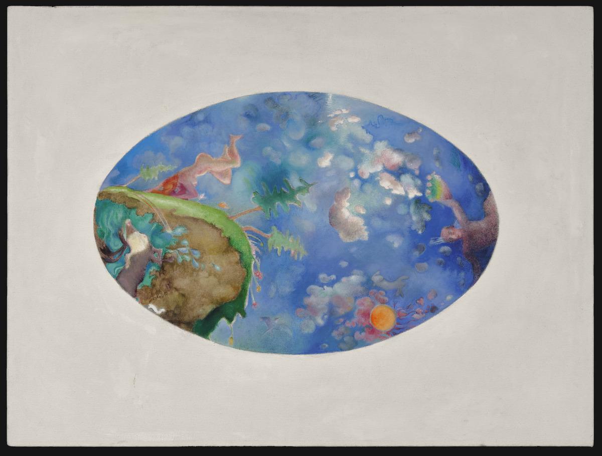 An image of Joyce Wieland's work The End of Life as She Knew It, which features a naked lady doing a handstand on a rounded cliff