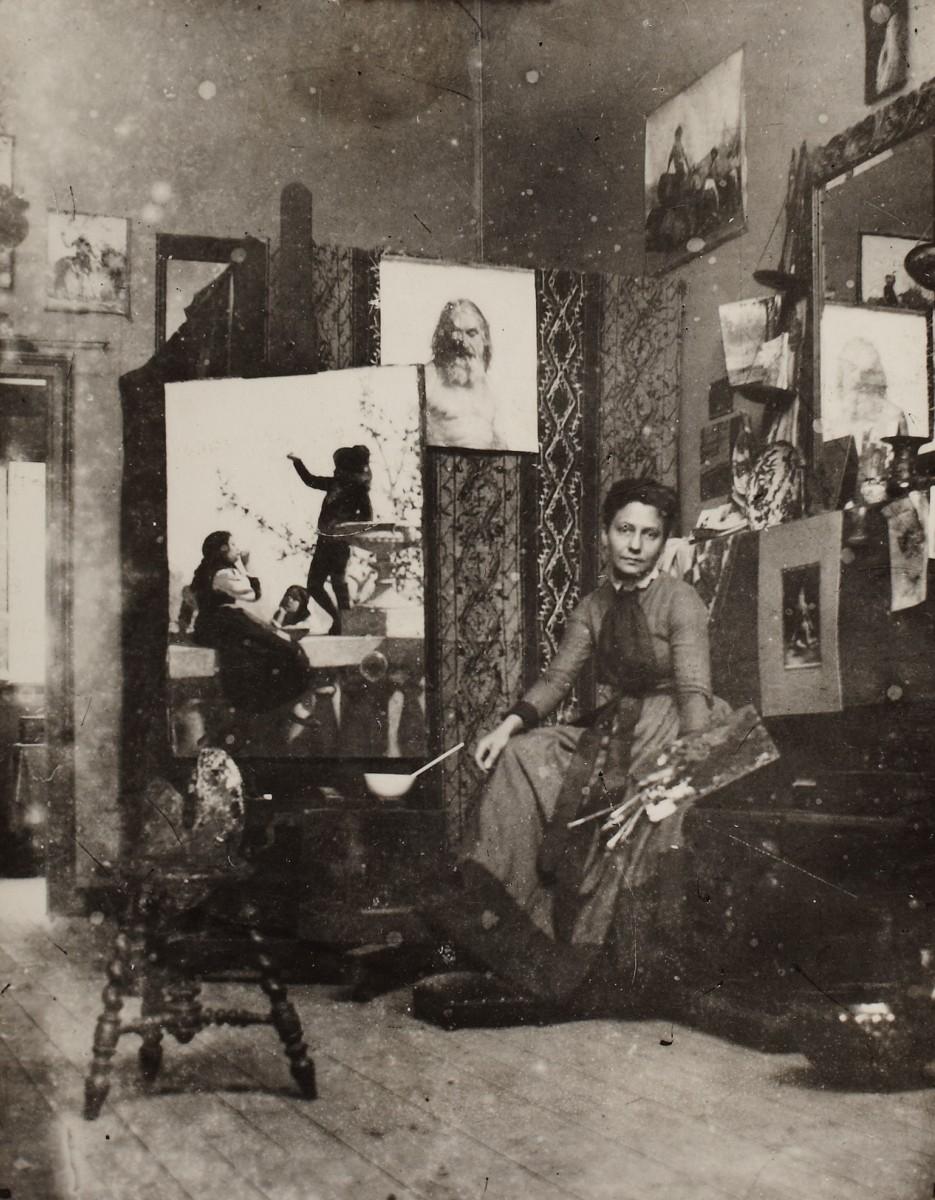 George Agnew Reid, Mary Hiester Reid at Paris studio with first oil study for “Logging”, 1889. Photo © AGO.