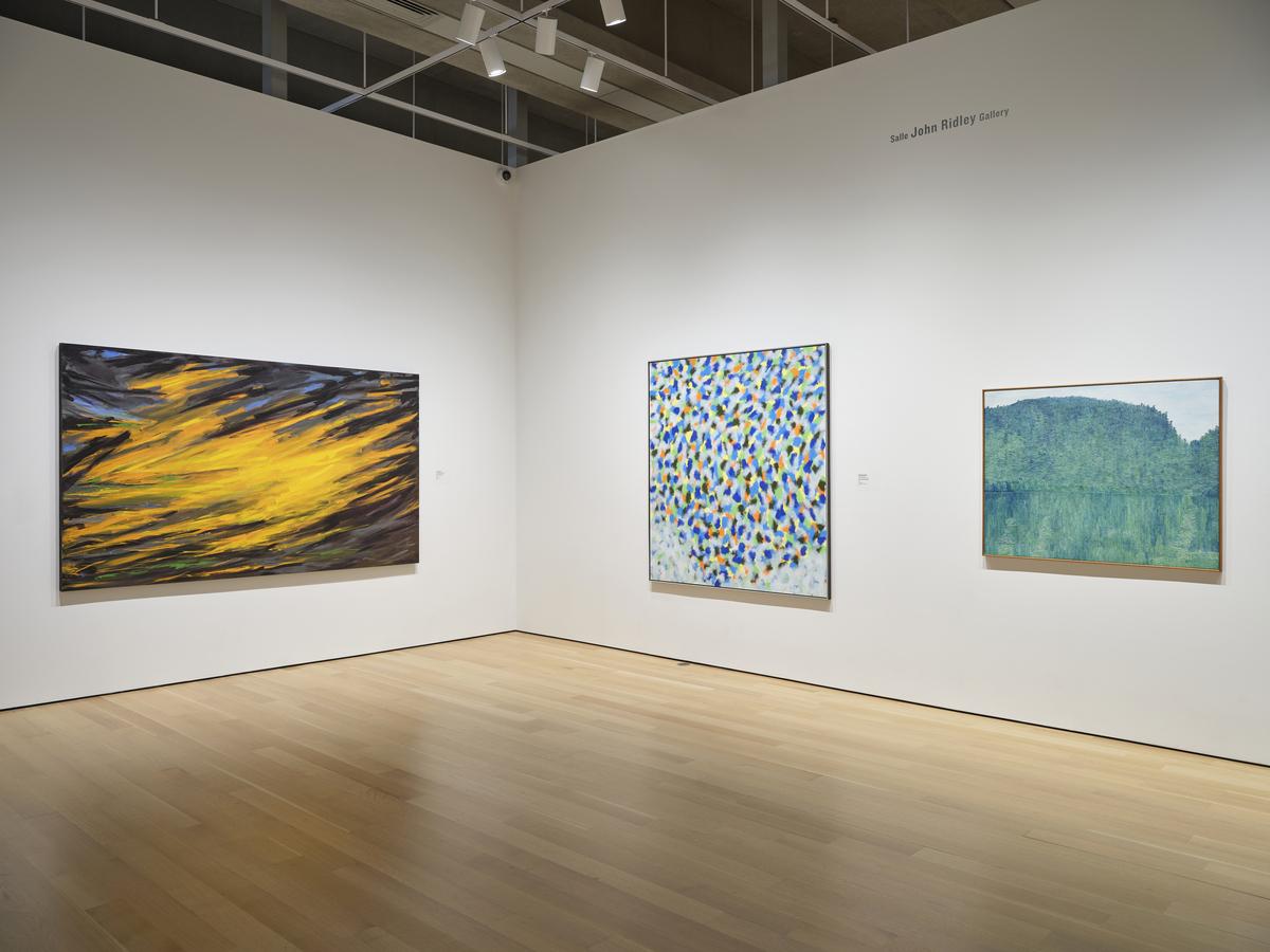 installation view of J.S. McLean gallery inside the AGO with three paintings on walls