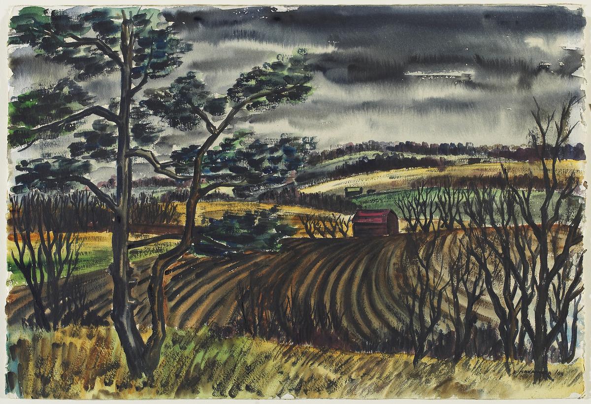 An image of Kazuo Nakamura's work Autumn Landscape, which captures a farm in autumn