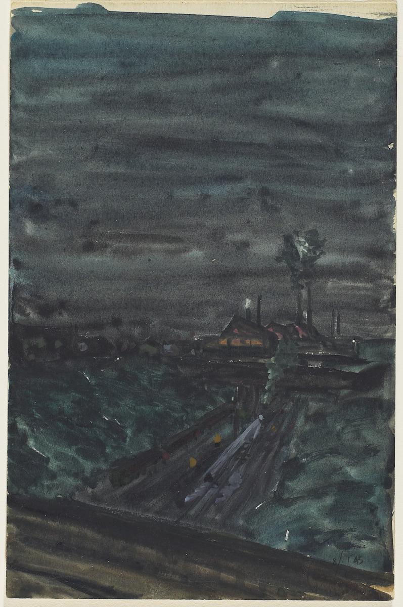 An image of Kazou Nakamura's work Nightfall, Hamilton, which depicts roads with houses in the distance at night.