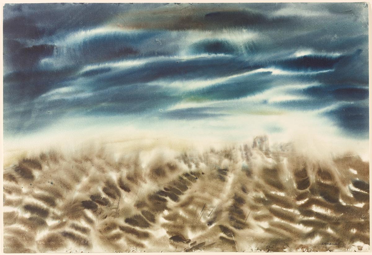 An image of Kazuo Nakamura's work, Plowed field, which features and abstract rendering of a plowed field with a small house in the distance
