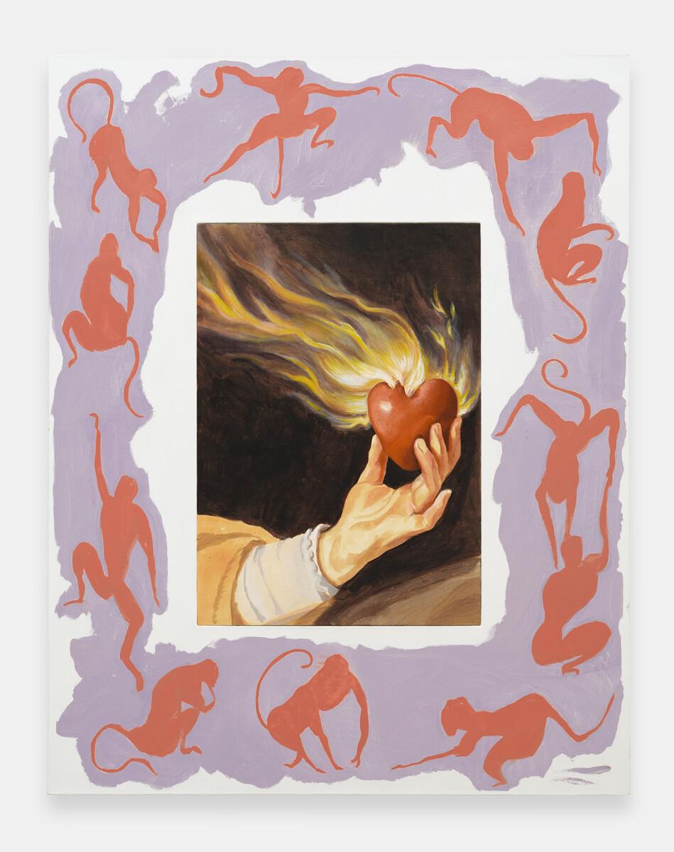 A painting. In the centre a hand is holding a heart shape. Around the border of the painting are figures that look similar to monkeys.