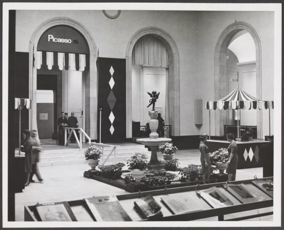 Picasso and Man, view of central fountain in Walker Court.