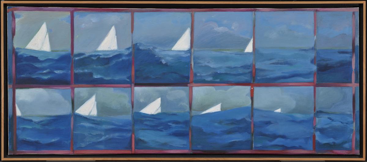 An image of Joyce Wieland's filmic painting Boat Tragedy, which shows a sail boat sinking frame by frame