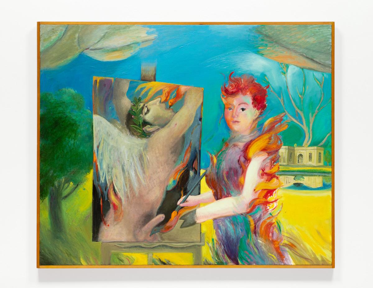 An image of Joyce Wieland's painting Artist on Fire, which is a colourful self portrait of Wieland on fire in the process of painting