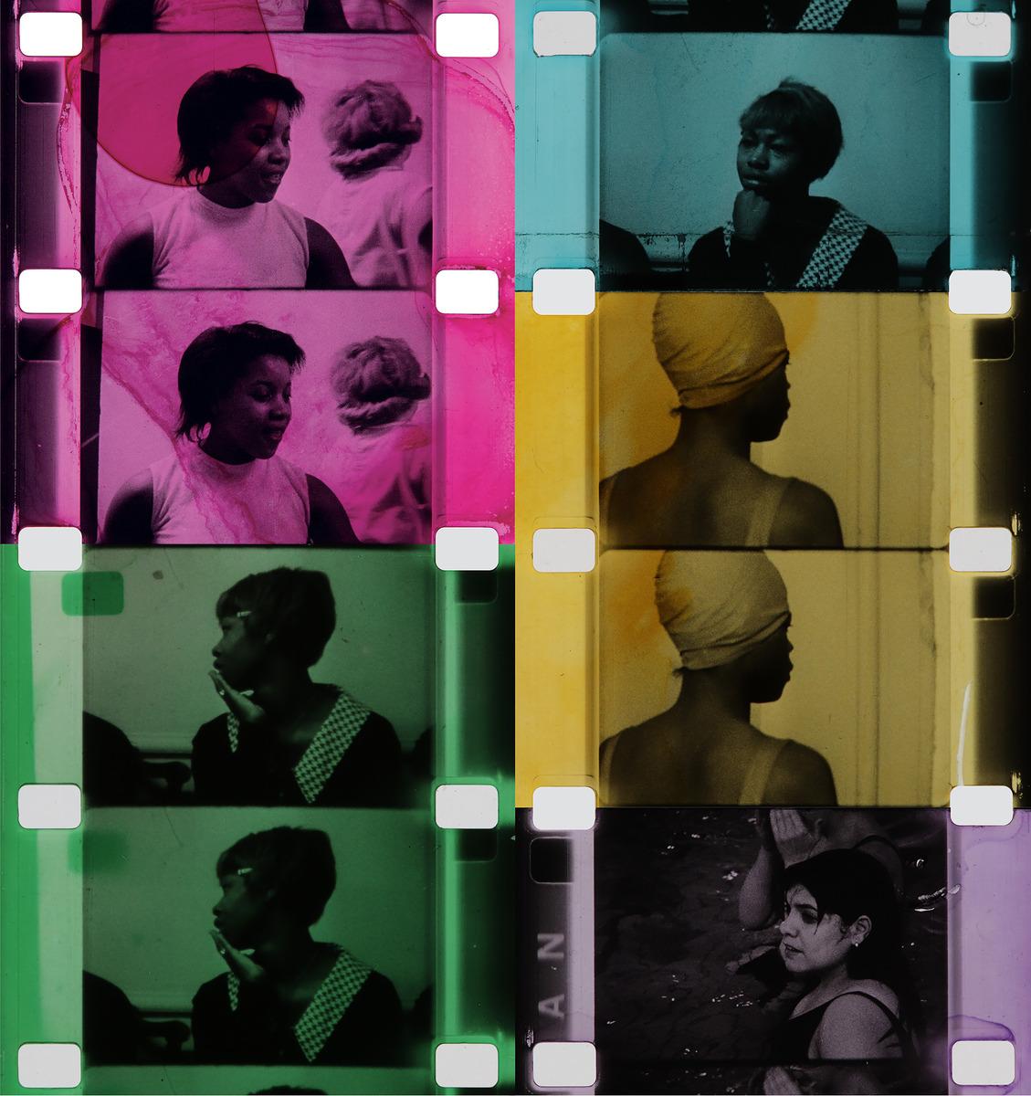 Image of film stills from Joyce Wieland's film Handtinting, showing how different parts of the film are dyed different colours