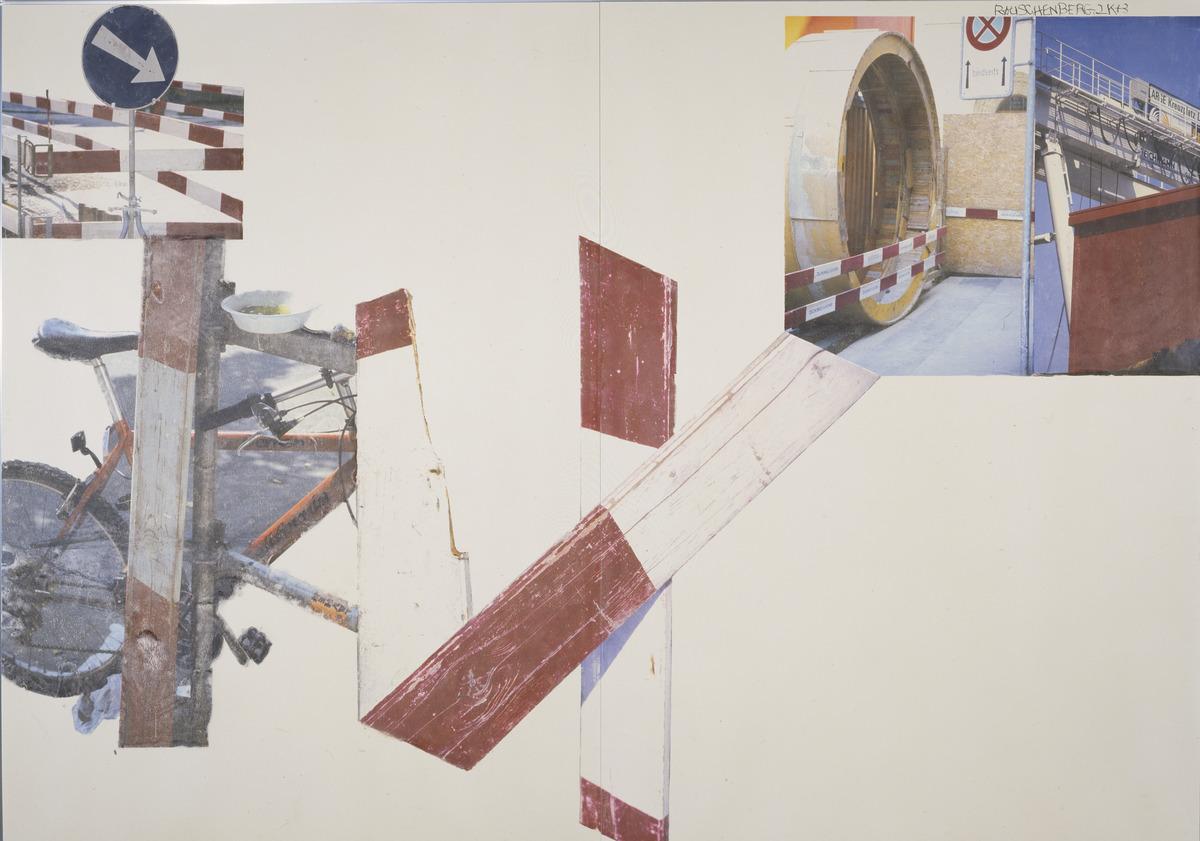 An image of Robert Rauschenberg's work Plank Scenario, which features images of airplane jets, bicycles, and planks