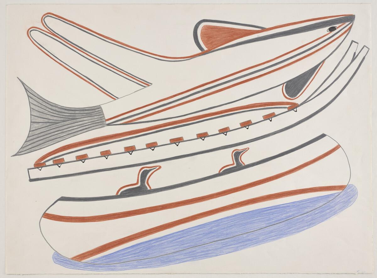 An image of Pudlo Pudlat. Drawing #17, which shows a flying machine flying over a canoe with two birds in it on water.